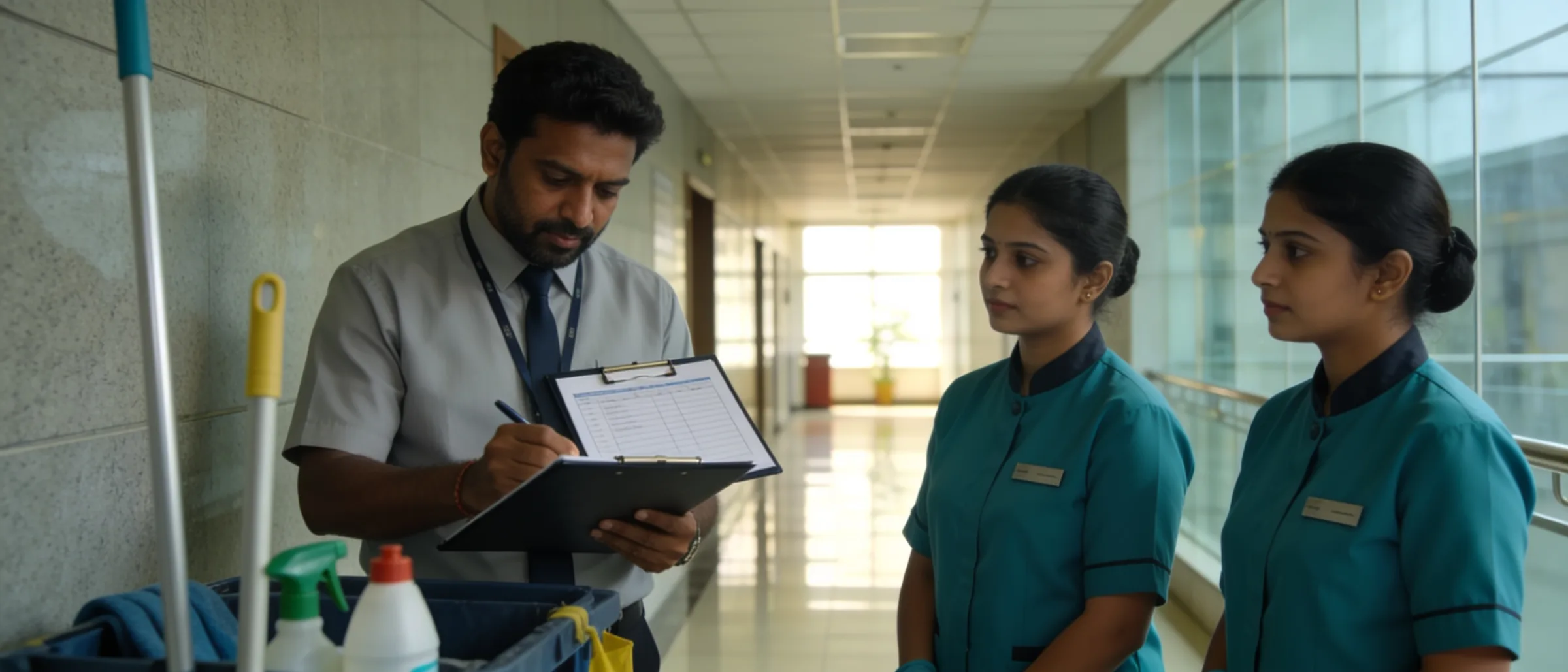 Housekeeping supervisor checking an area cleaning checklist with staff