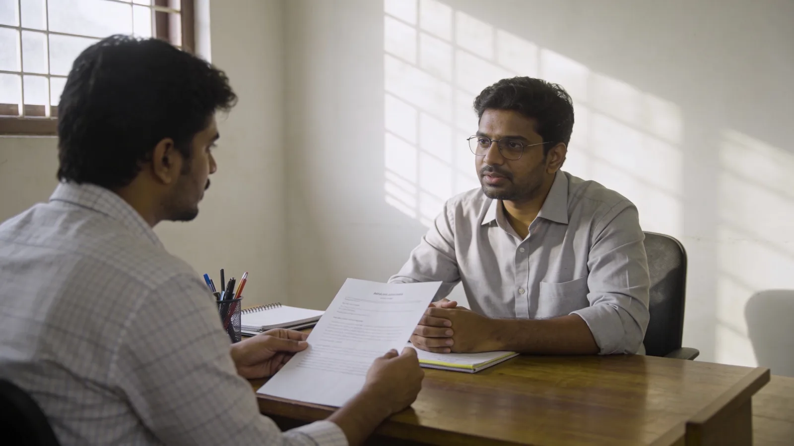 HR executive interviewing a candidate at an office desk