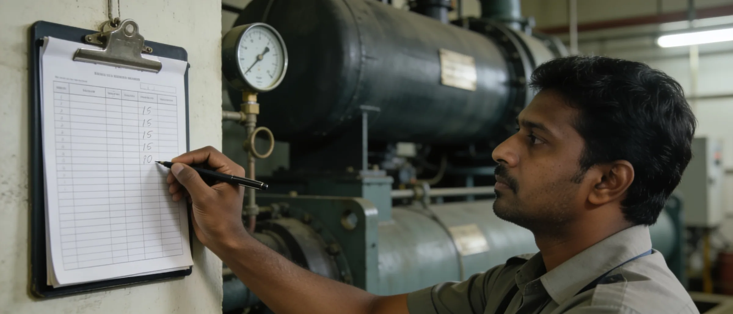 Technician logging chiller readings on a plant room log sheet