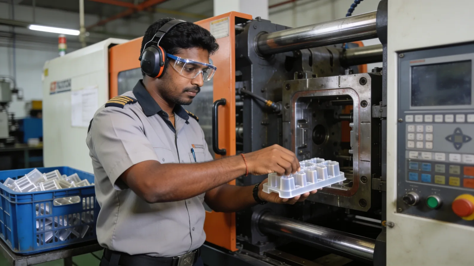 Operator taking a moulded part from an injection moulding machine gate