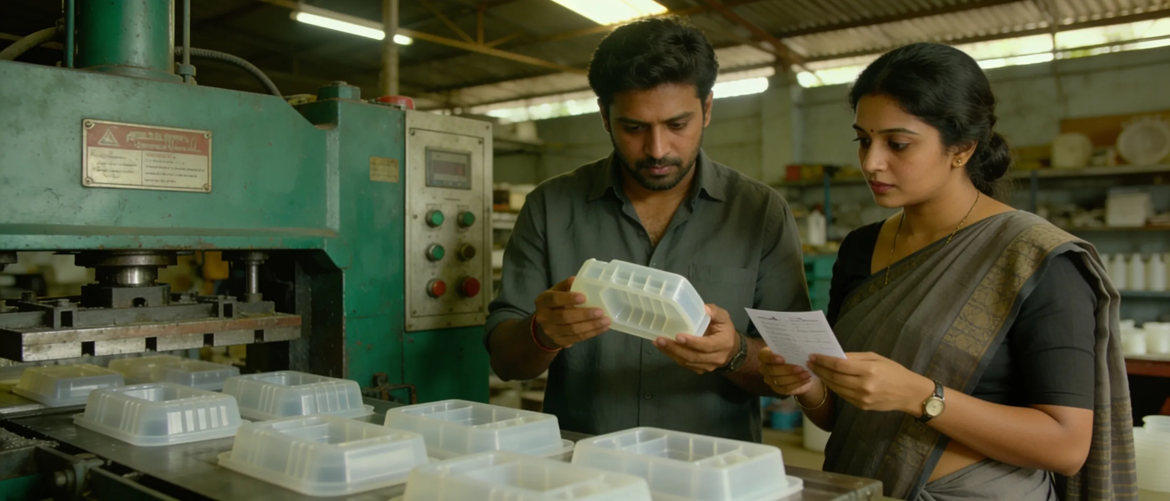 Operator and supervisor checking a moulded part against a reference sample