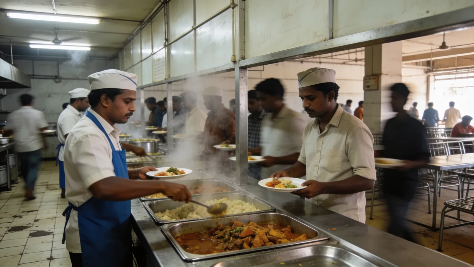 Industrial canteen serving counter during a shift break