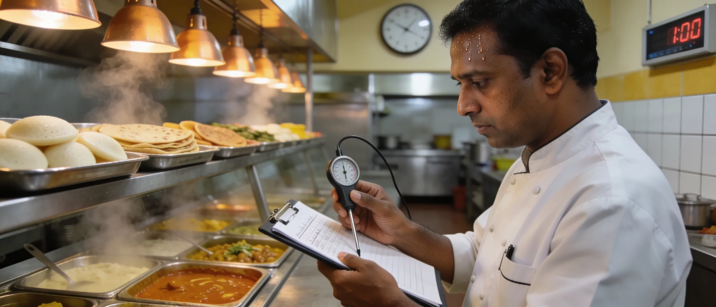 Catering supervisor recording food temperature logs before service