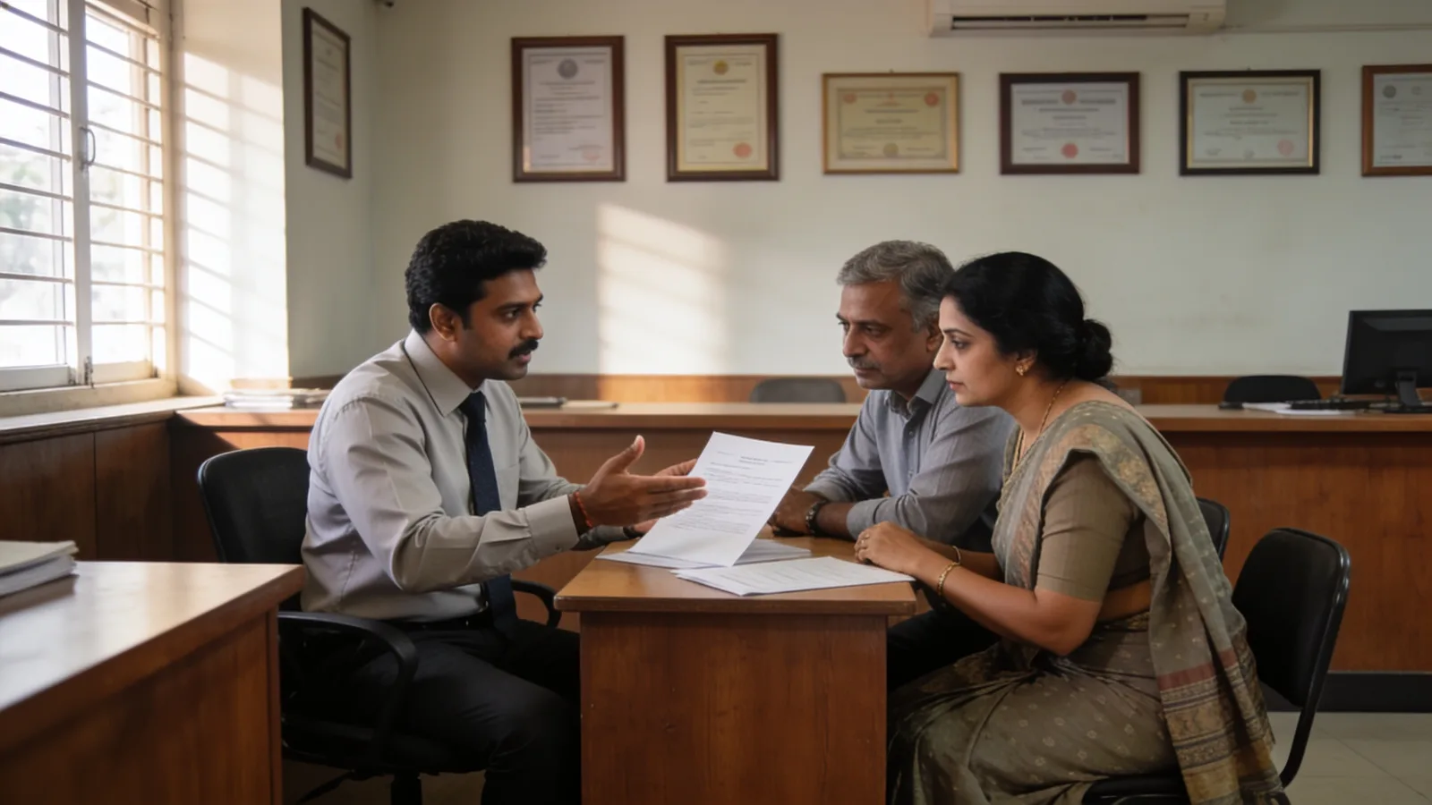 Insurance adviser meeting customers at a bank branch desk