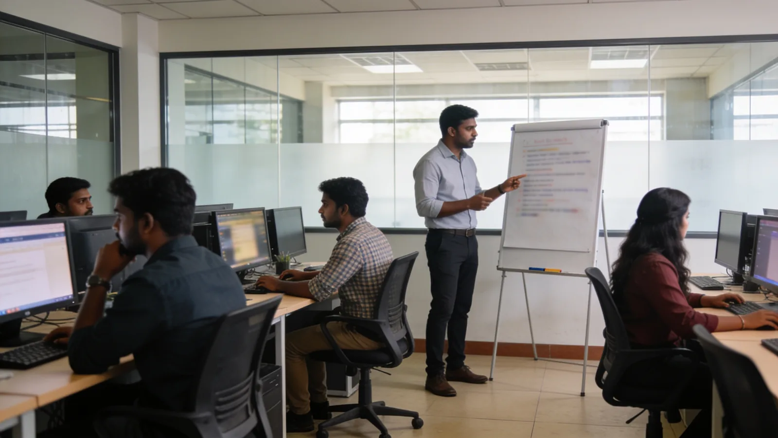 Engineering and analyst teams at work on a technology office floor