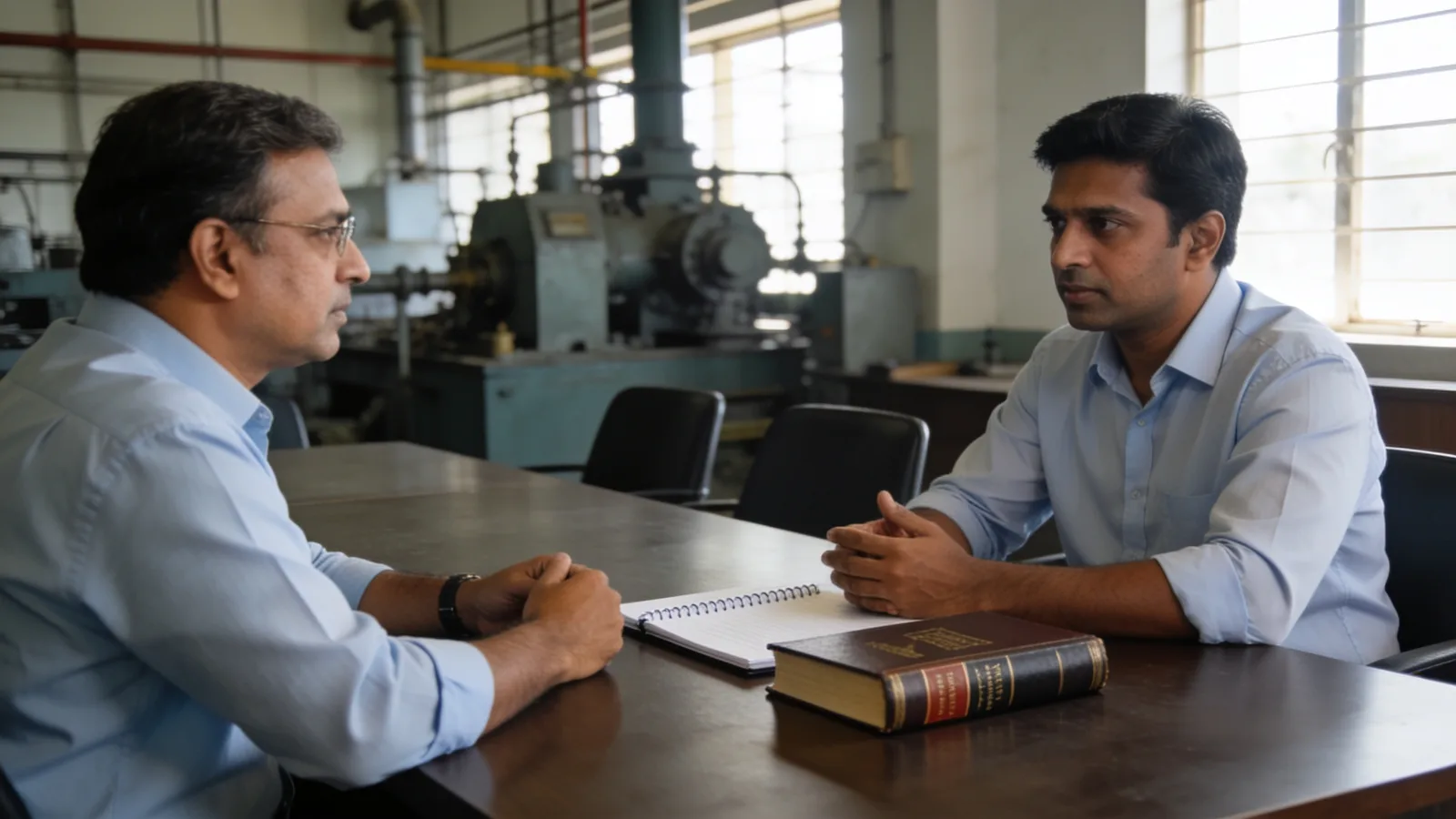 Advisory meeting between a plant HR head and a labour law adviser