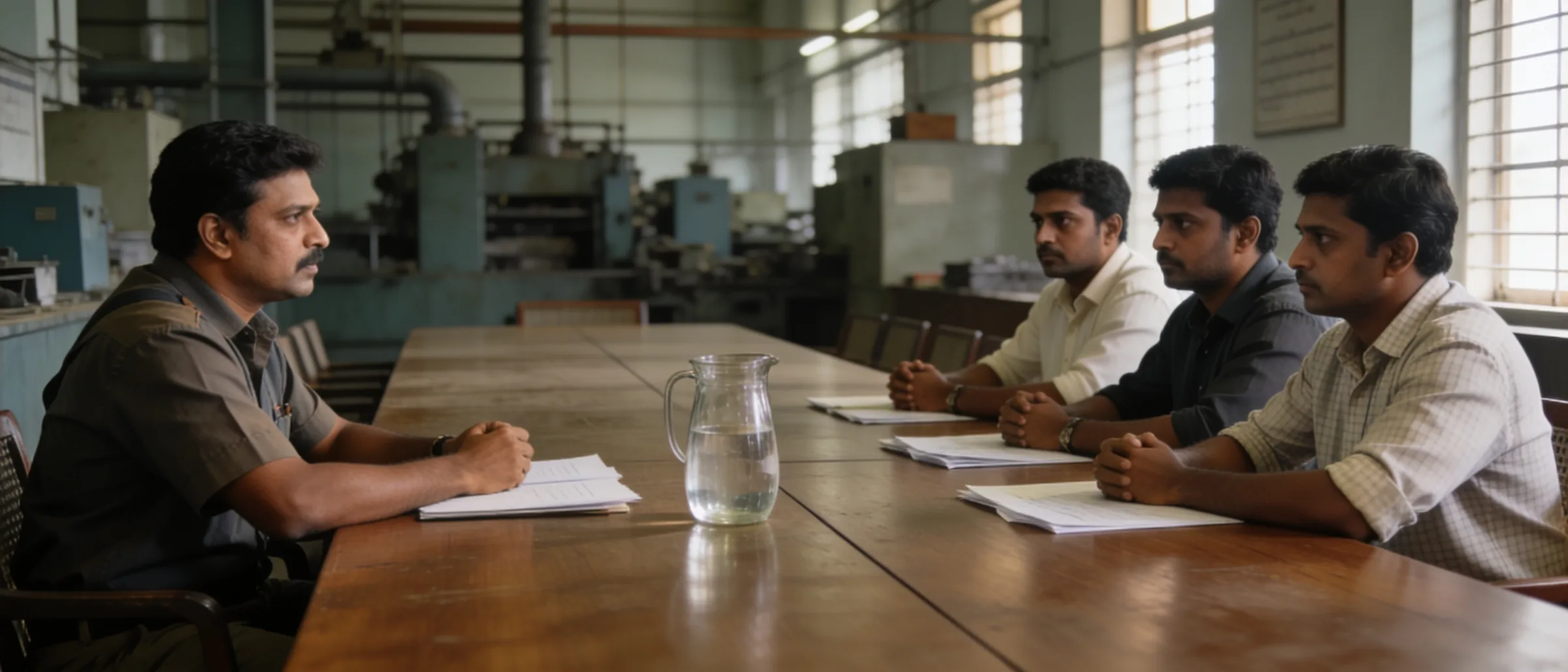 A domestic enquiry in session at a plant conference table