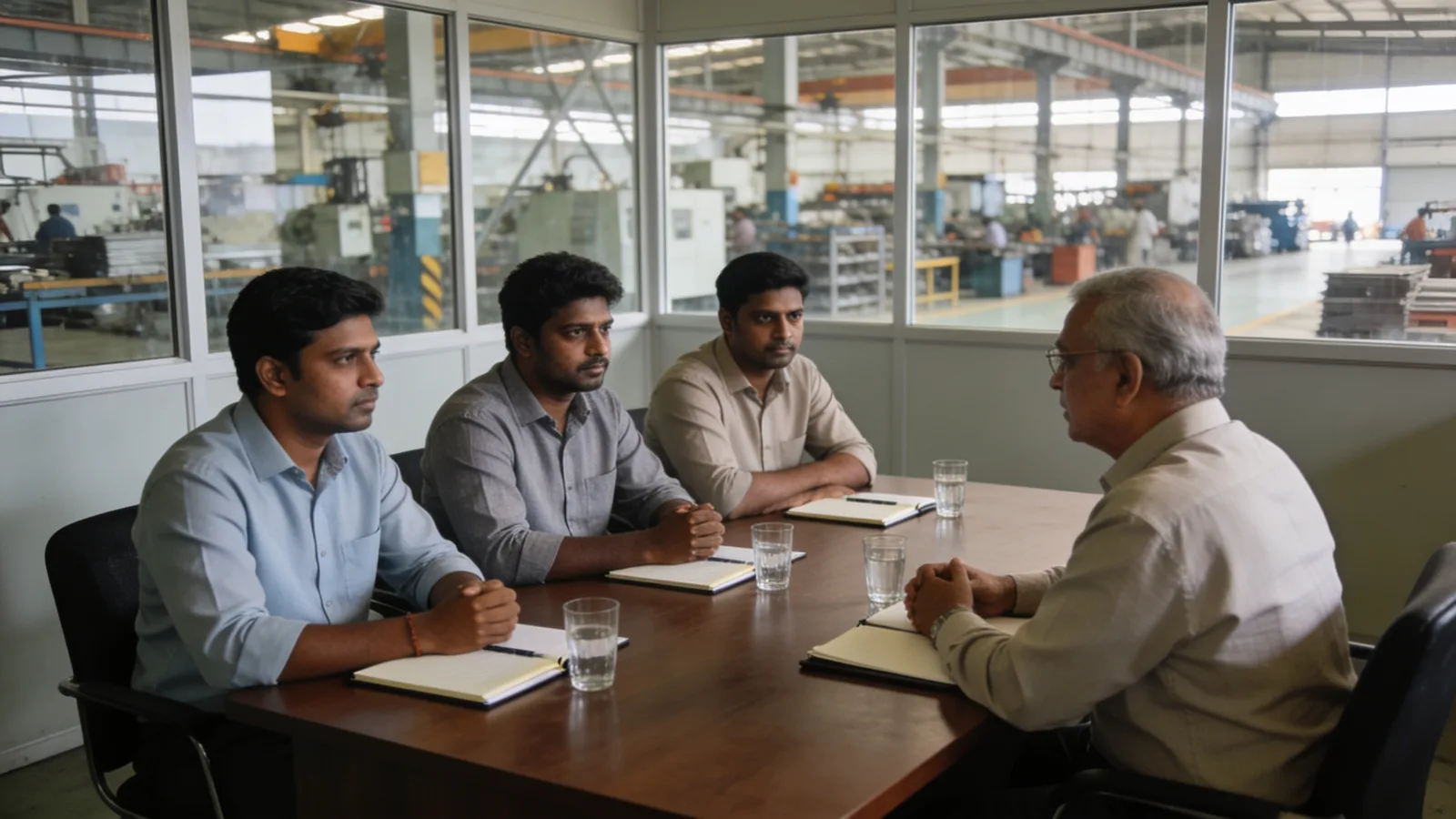 Leadership interview panel in a plant conference room