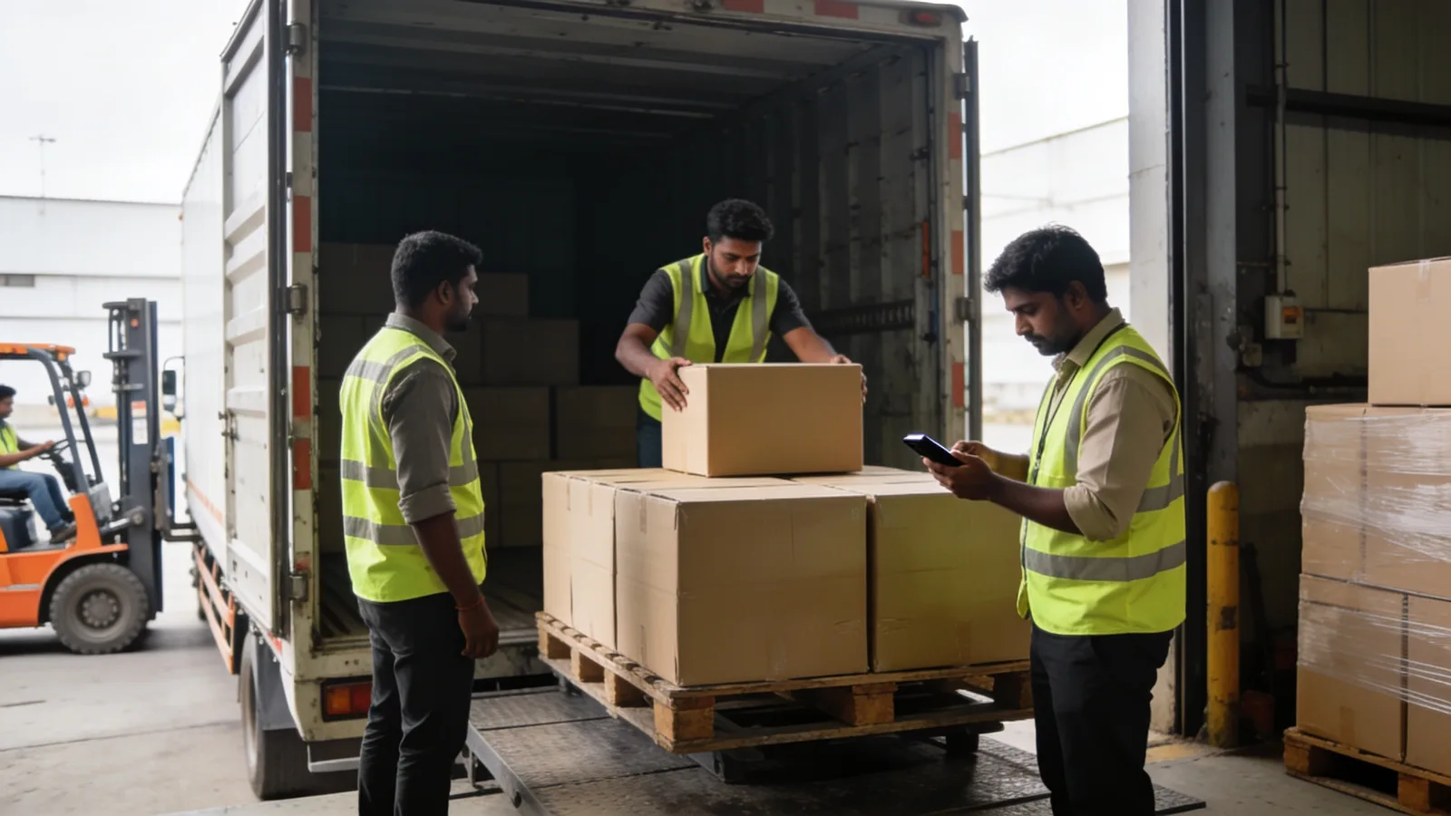 Dock team loading pallets into a truck at a distribution centre