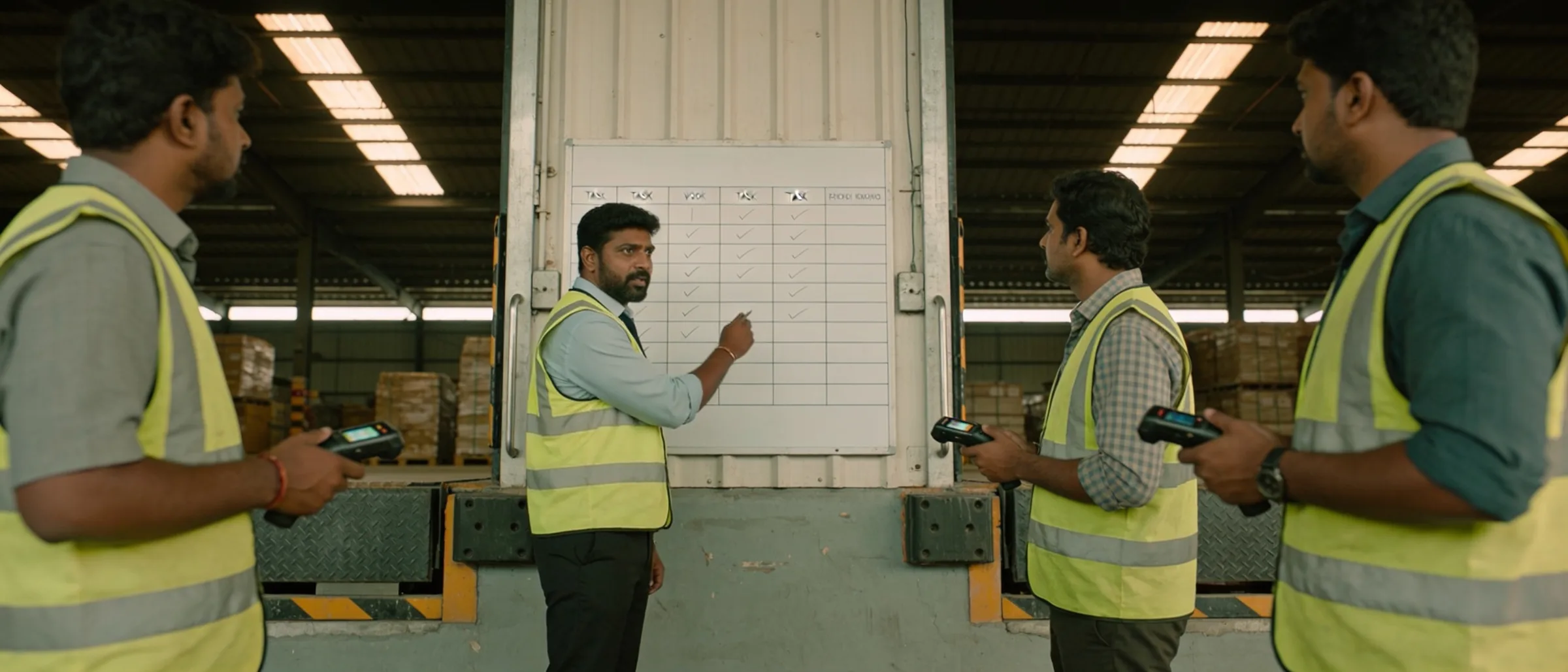 Warehouse shift supervisor allocating tasks at the dock board
