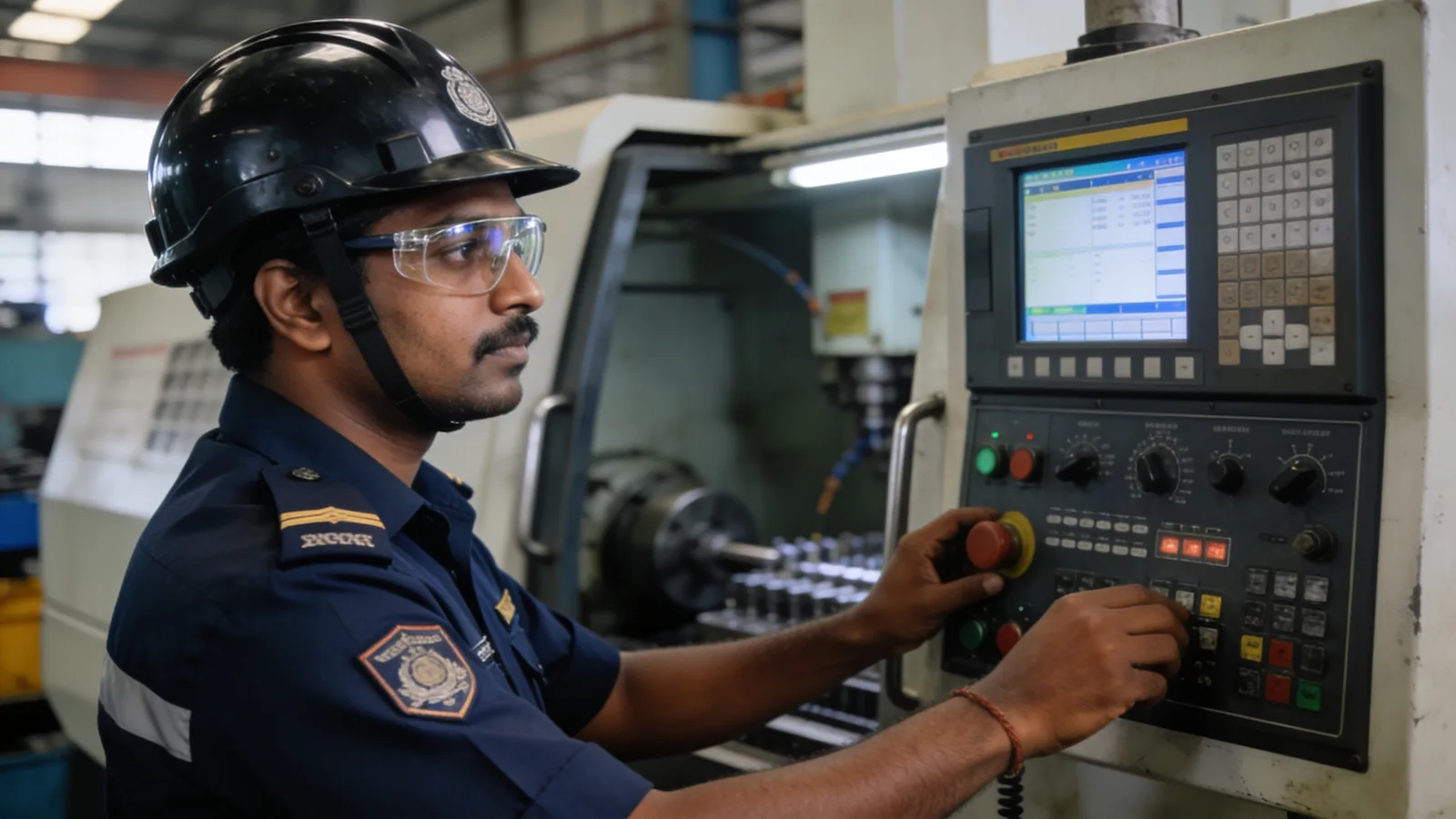 Machine operator at a production machine control panel