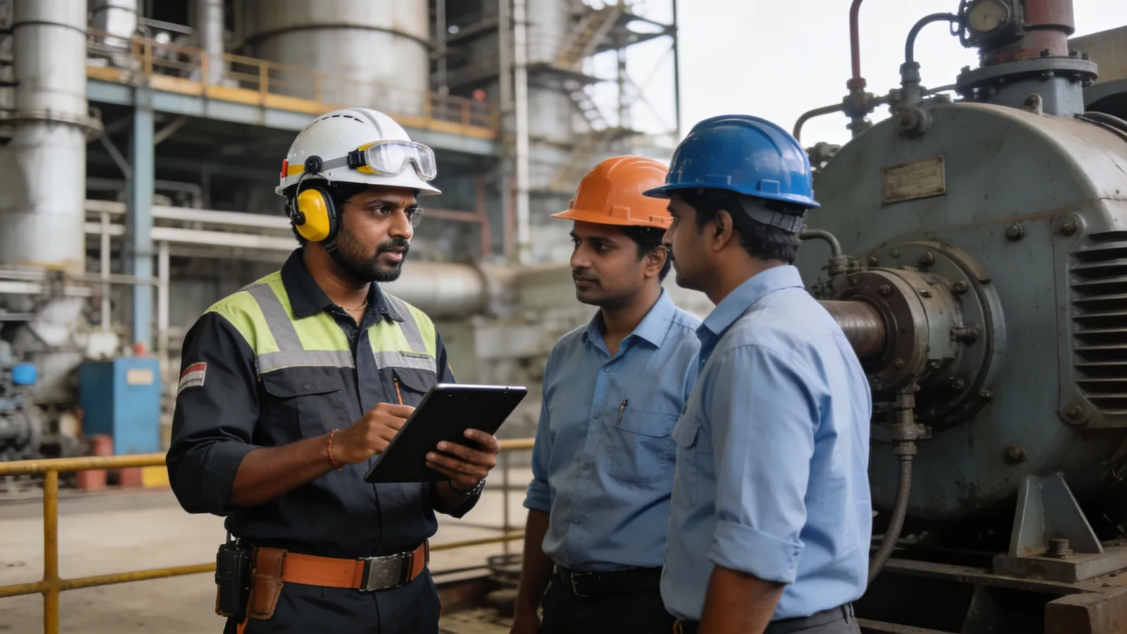 Maintenance engineer reviewing a gearbox with two technicians beside a machine