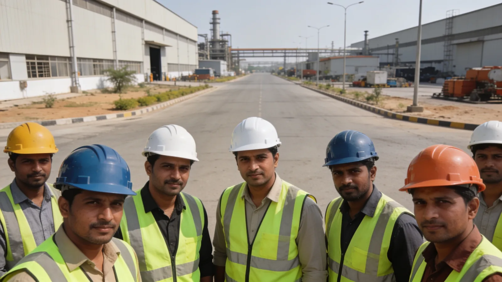 Workers outside a manufacturing plant