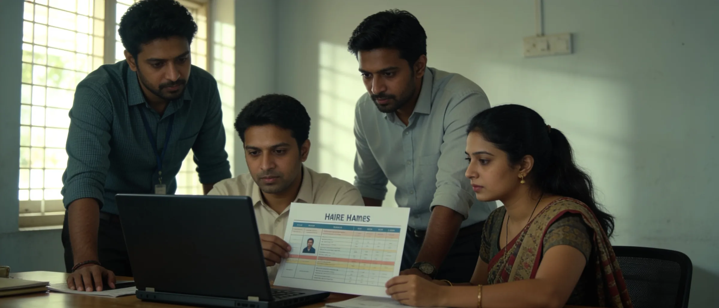 Team reviewing a hiring plan around a table