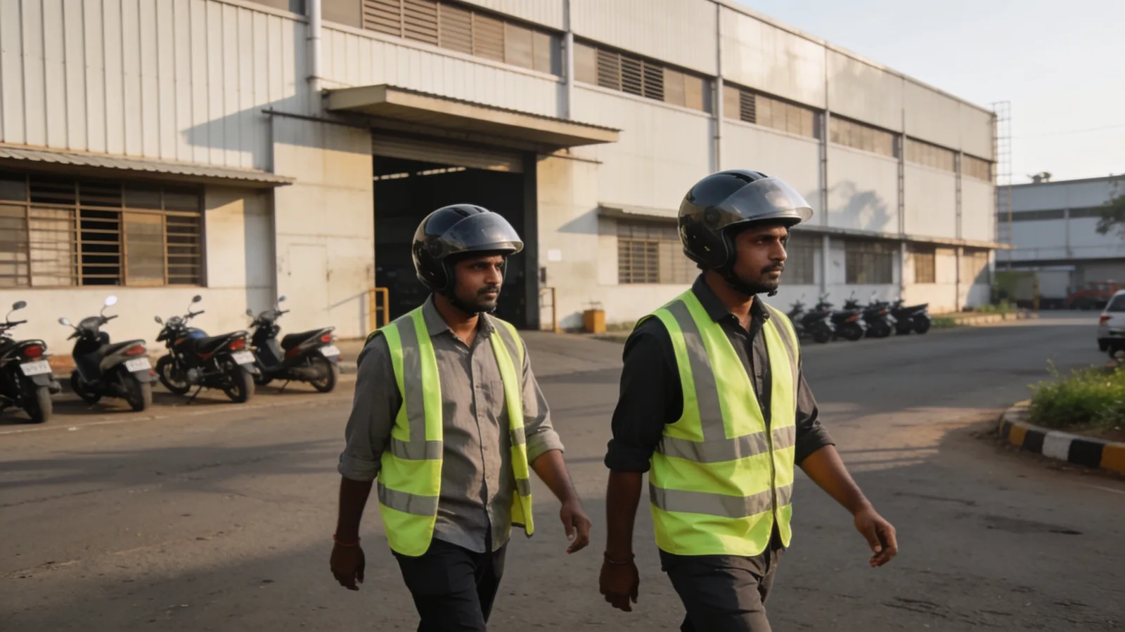 Workers outside a factory unit in an industrial estate