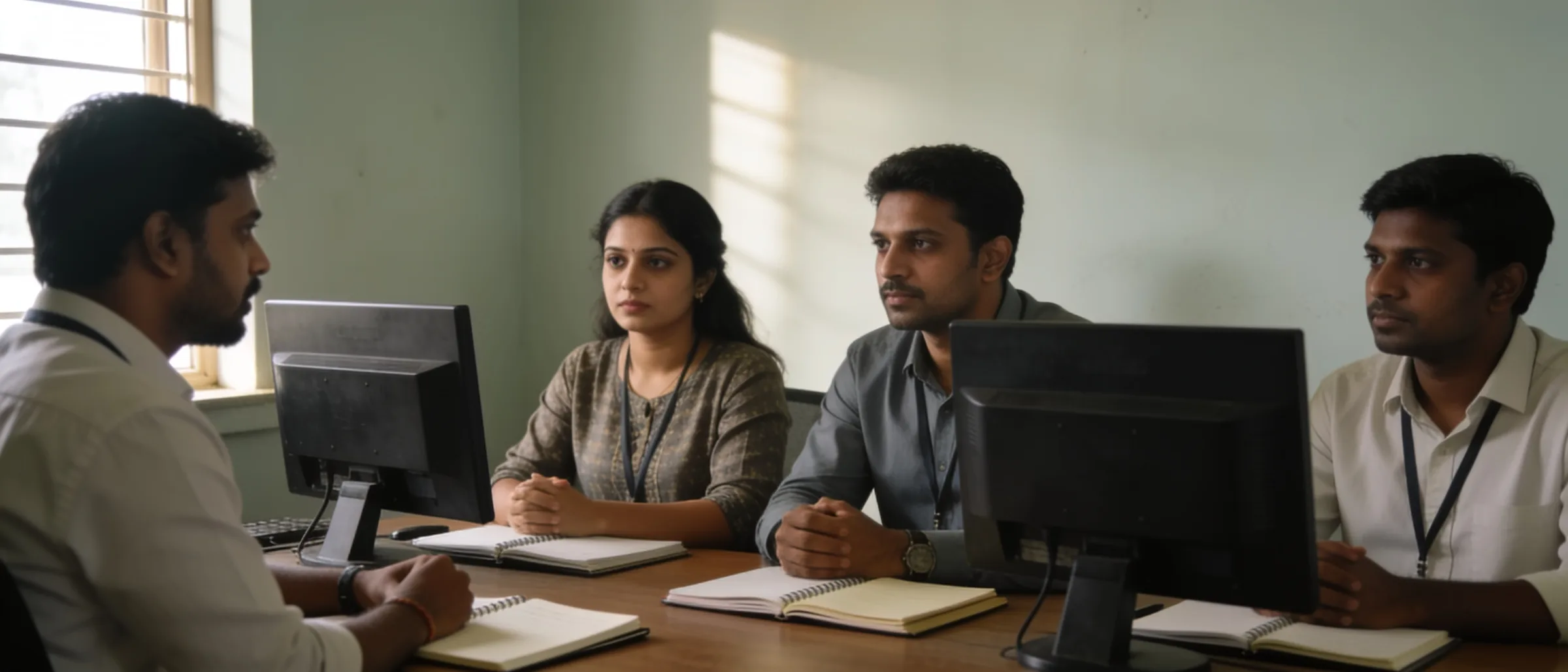 Recruitment team at a desk with computers and notebooks, reviewing requirements
