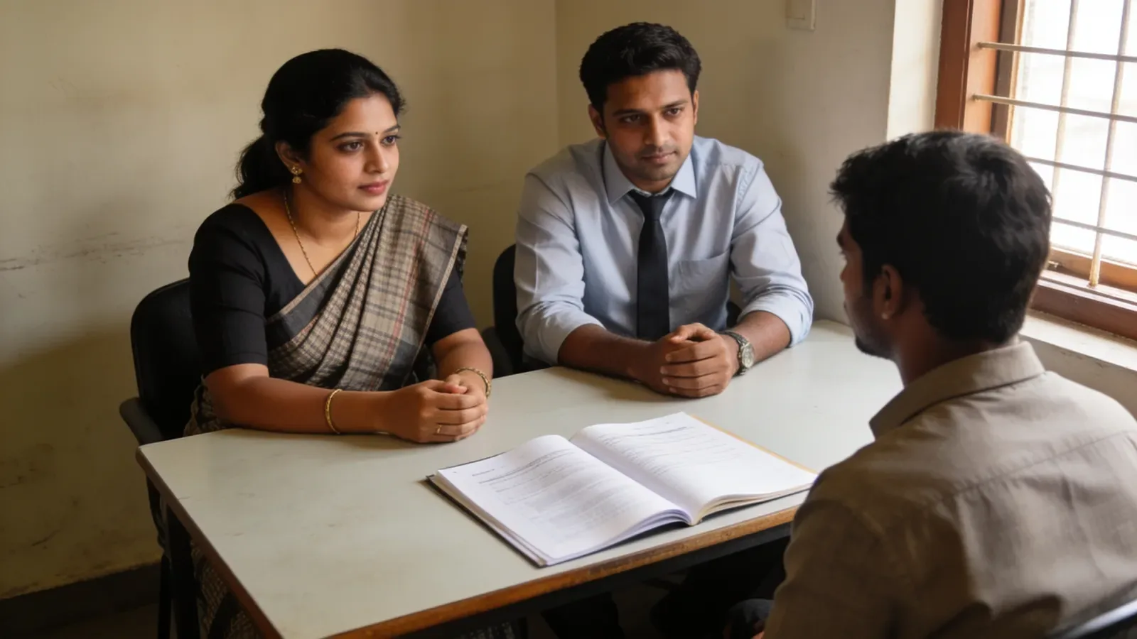 Two recruiters interviewing a candidate across a table with an open file