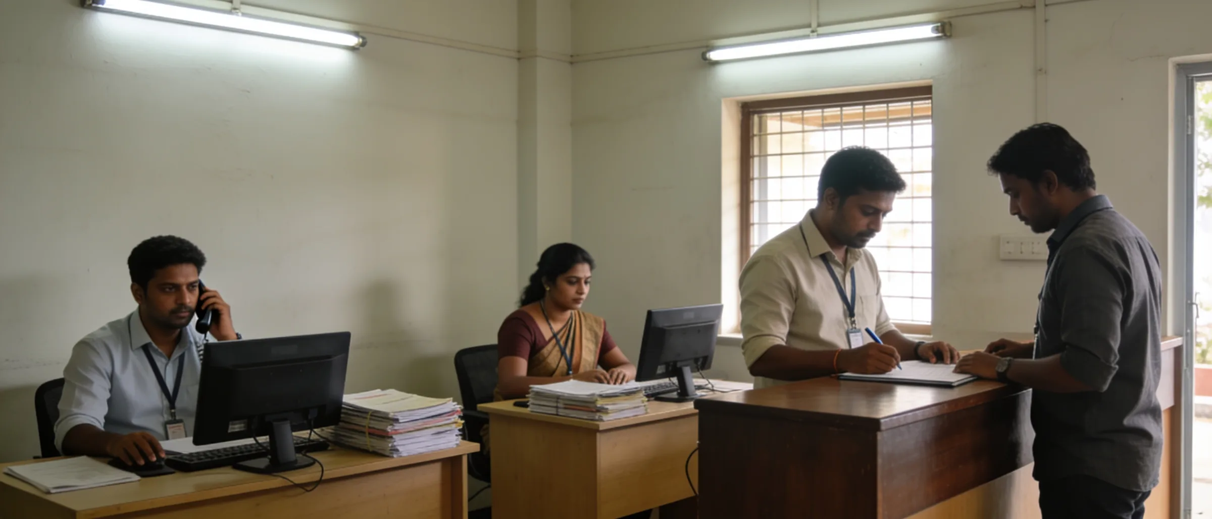 Recruitment coordinators handling phone calls and candidate paperwork at office desks
