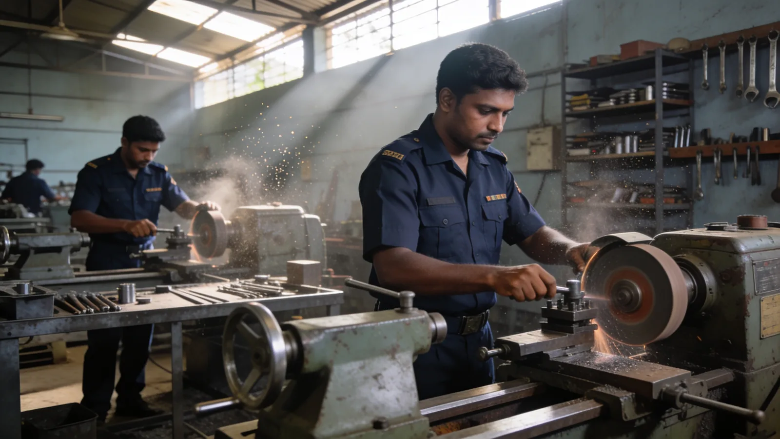 Workers at lathes and grinding machines in an engineering workshop
