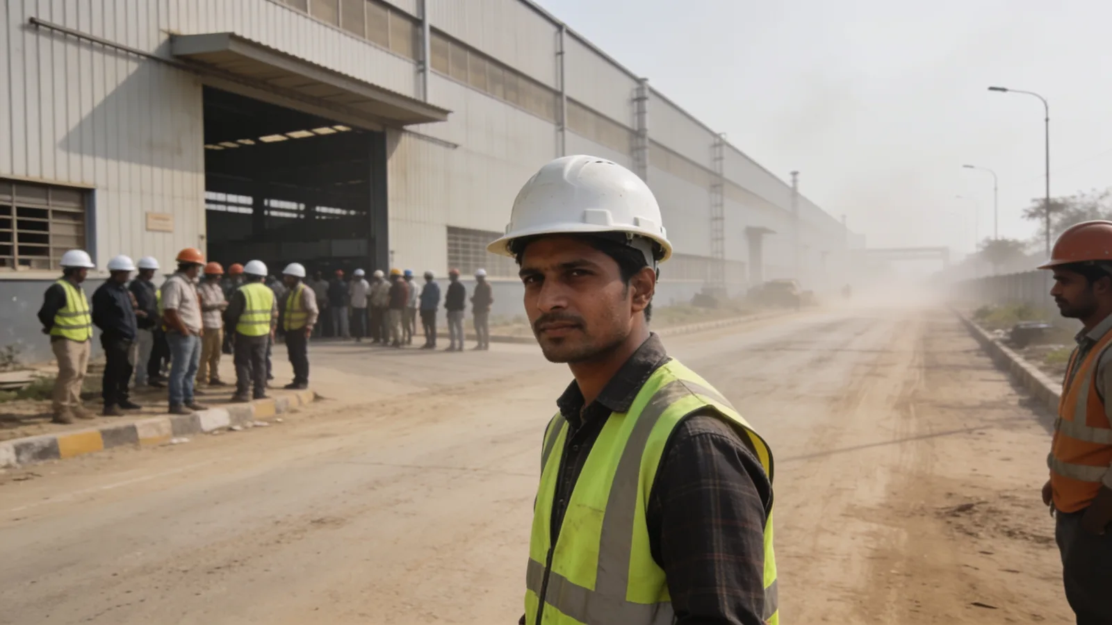 Workers outside an auto component plant