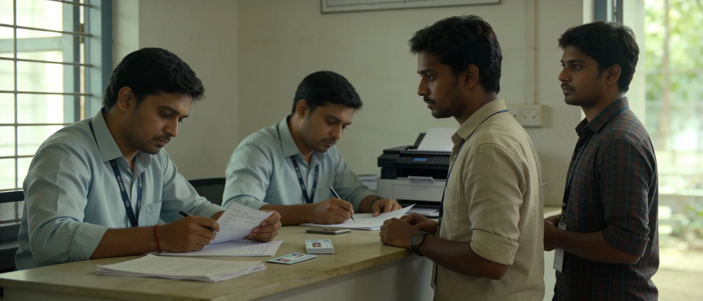 Recruiters checking candidate documents at a desk
