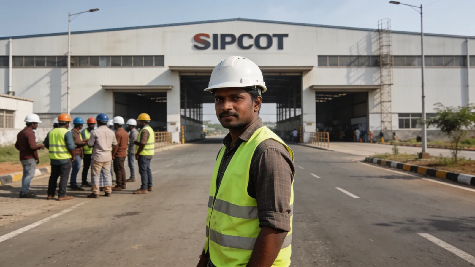 Workers outside a factory unit in an industrial estate