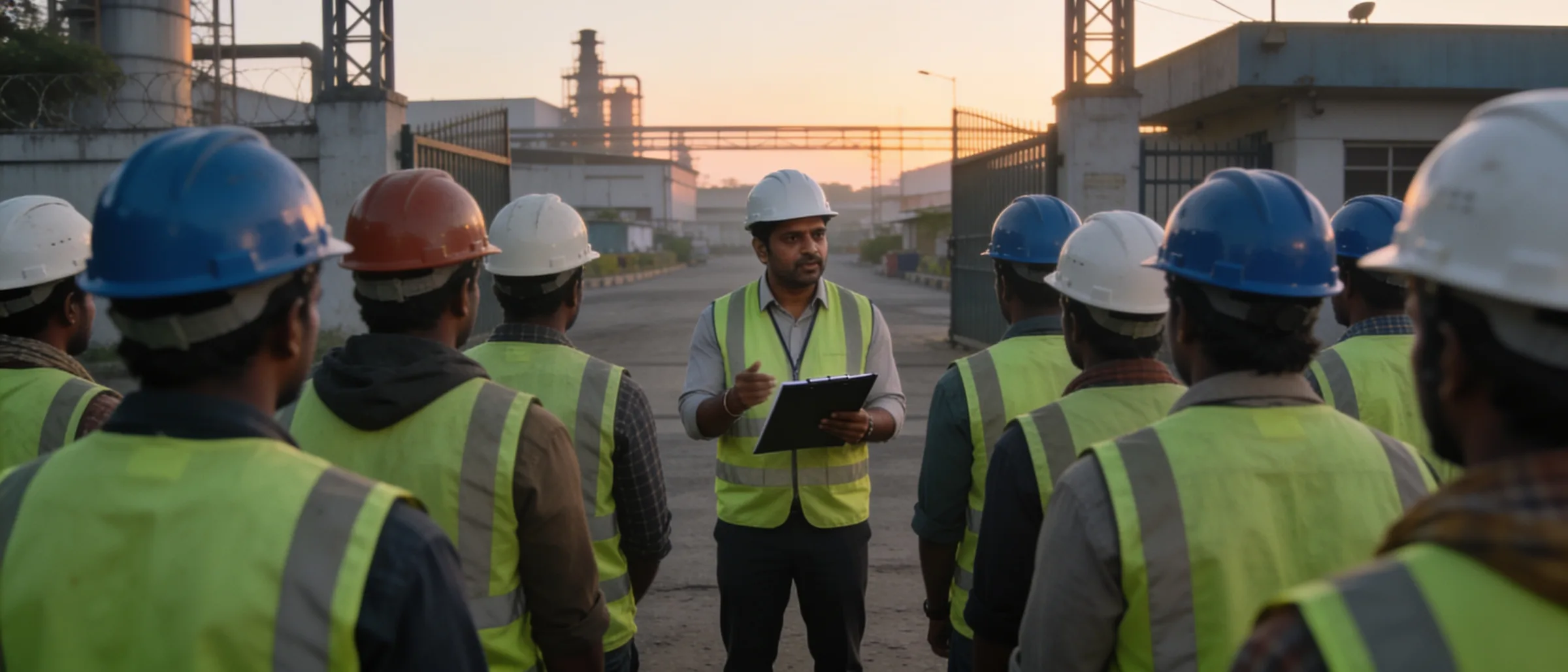 Coordinator with a clipboard briefing a group of workers in hard hats at a plant gate at dawn