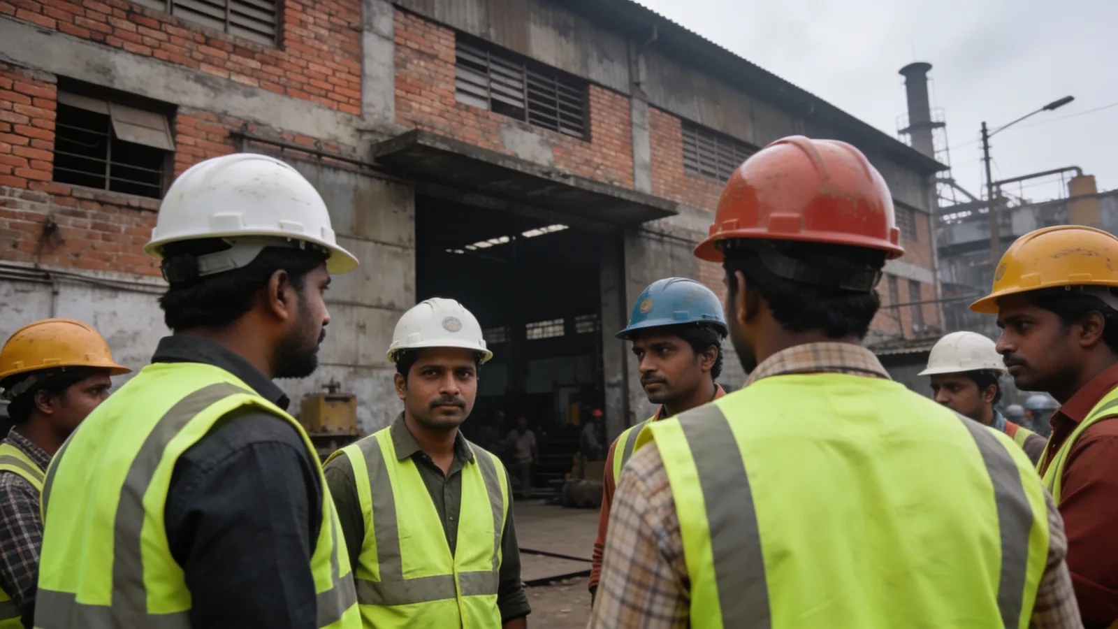 Workers outside a manufacturing unit in an industrial belt