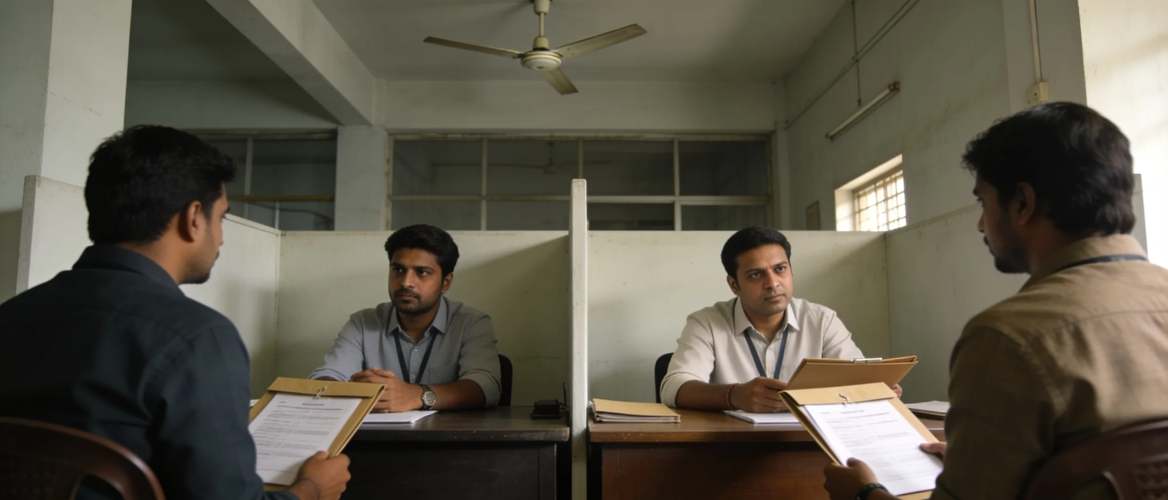 Recruiters interviewing candidates across an office desk