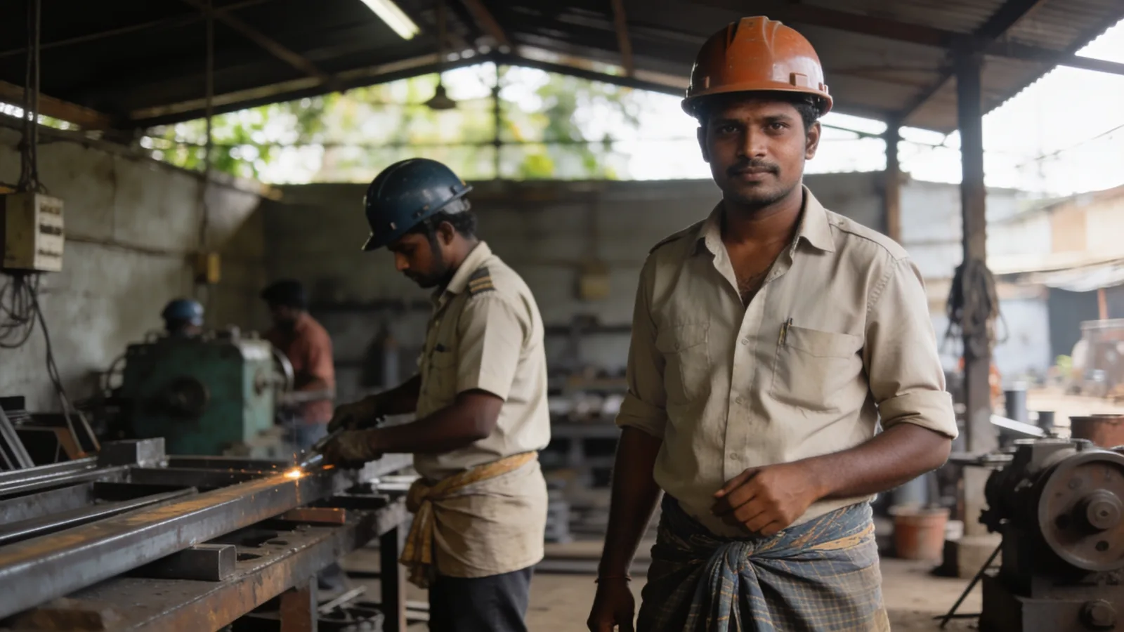 Workers in a fabrication and assembly area of an industrial unit