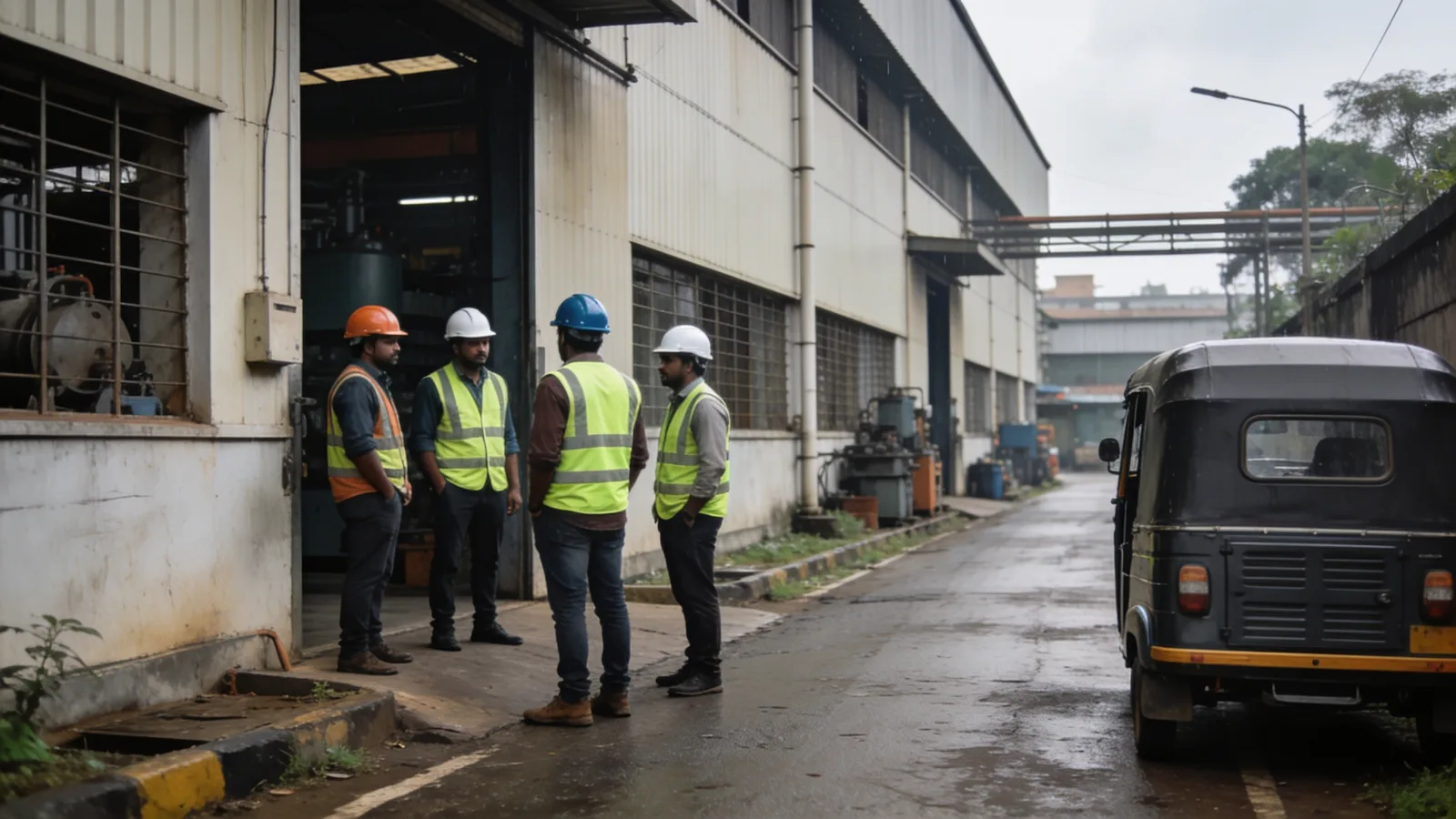 Workers outside a manufacturing unit in an industrial estate