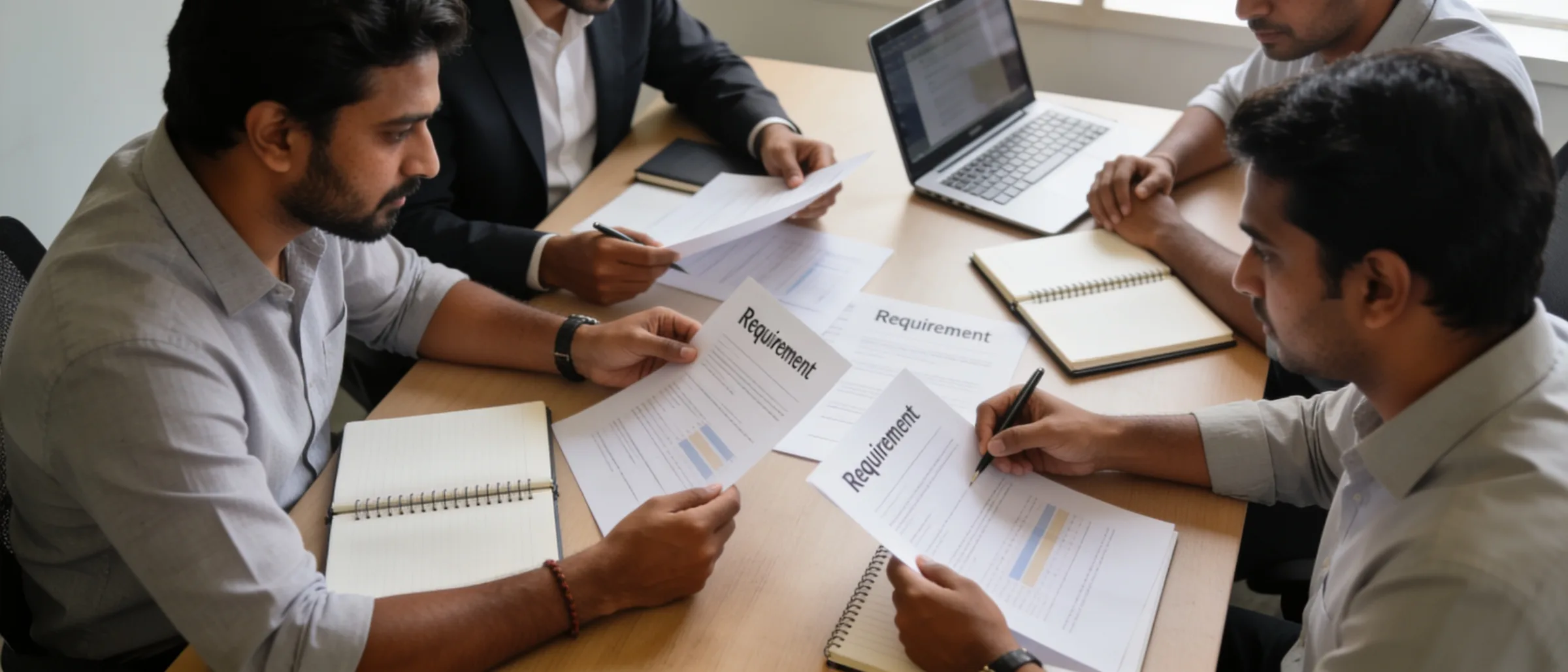 Team reviewing printed requirement sheets around a meeting table with a laptop