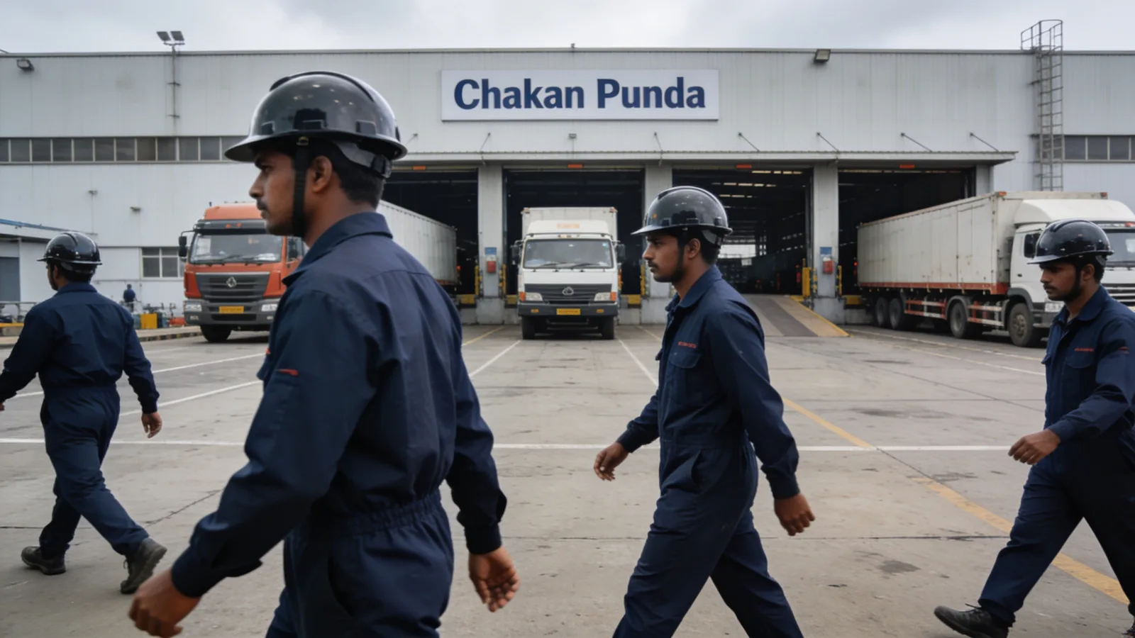 Workers outside an automotive plant