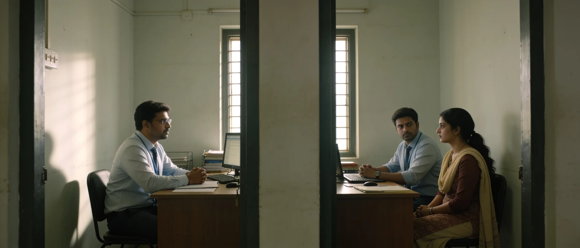 Two recruiters interviewing candidates in adjoining office cabins