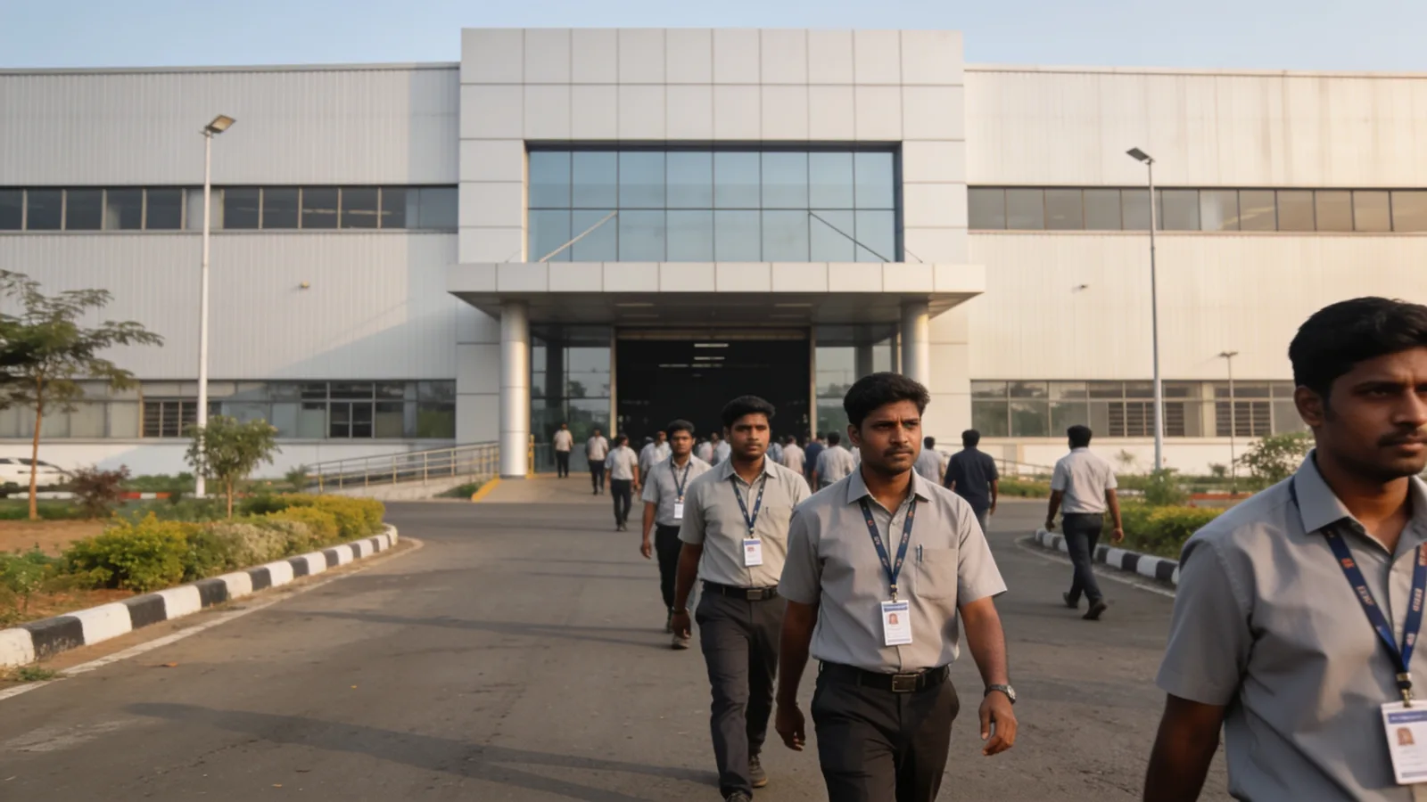 Workers walking through the gate of an electronics plant at shift change
