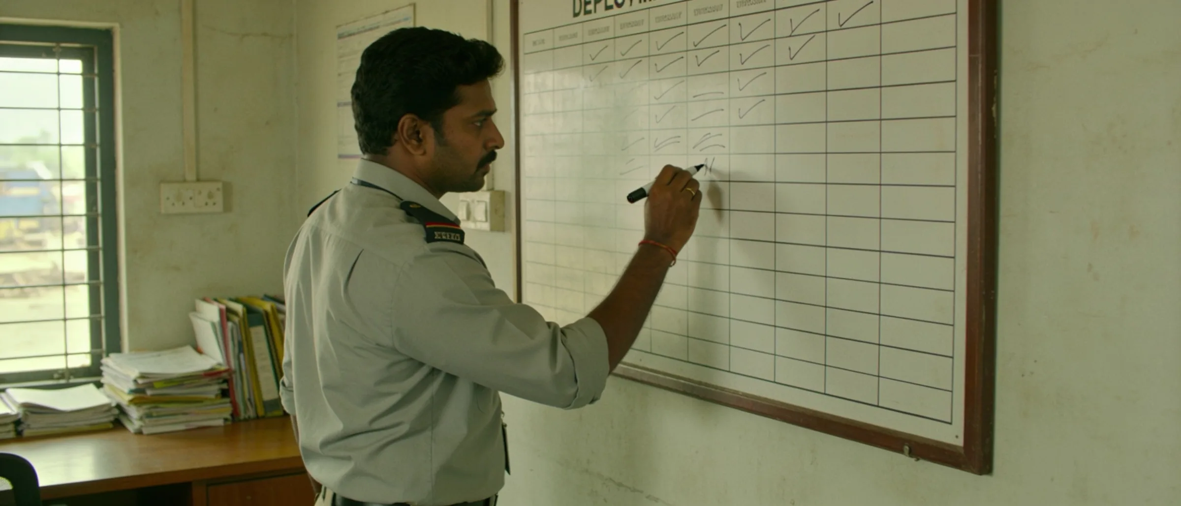 Supervisor marking attendance on a deployment board in a plant site office