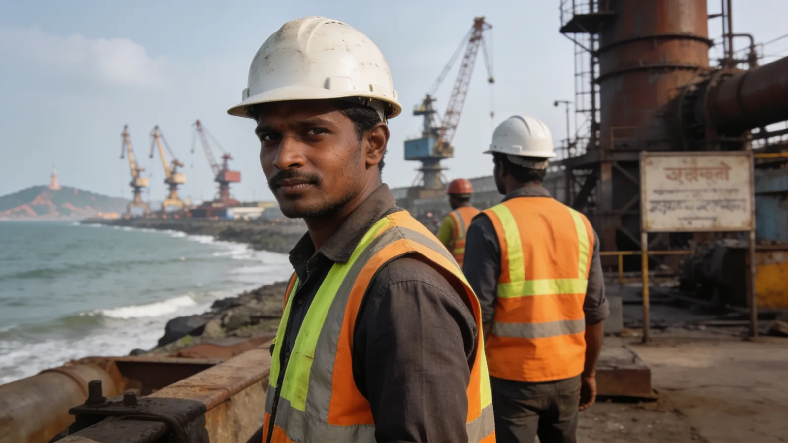Workers near large industrial structures in a heavy-industry area