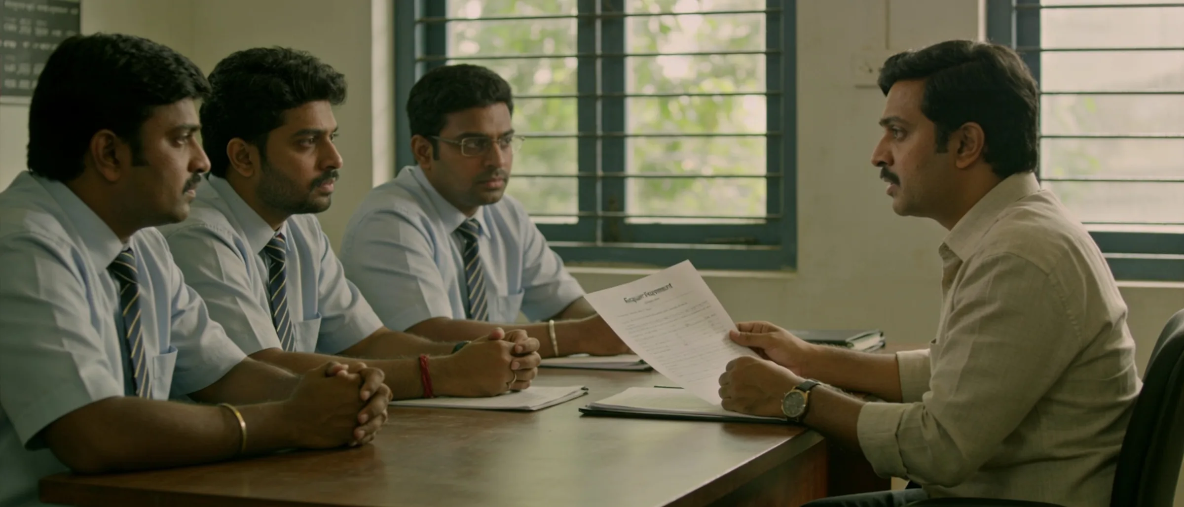 Manager going through a requirement document with three colleagues across a meeting table