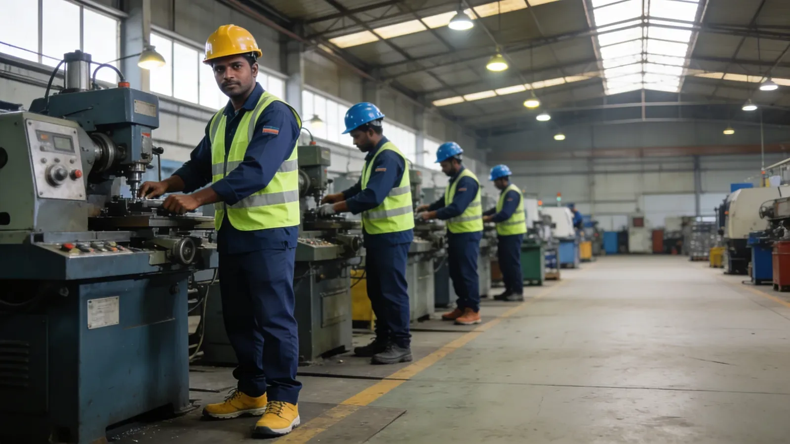 Machine operators in hard hats and safety vests working a row of machines on a factory floor