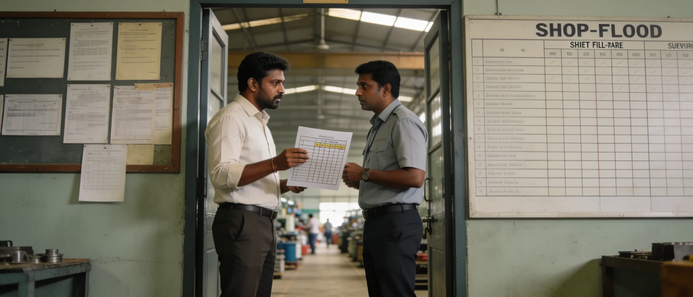 Plant HR and a staffing supervisor reviewing a shift fill-rate chart at the shop-floor board