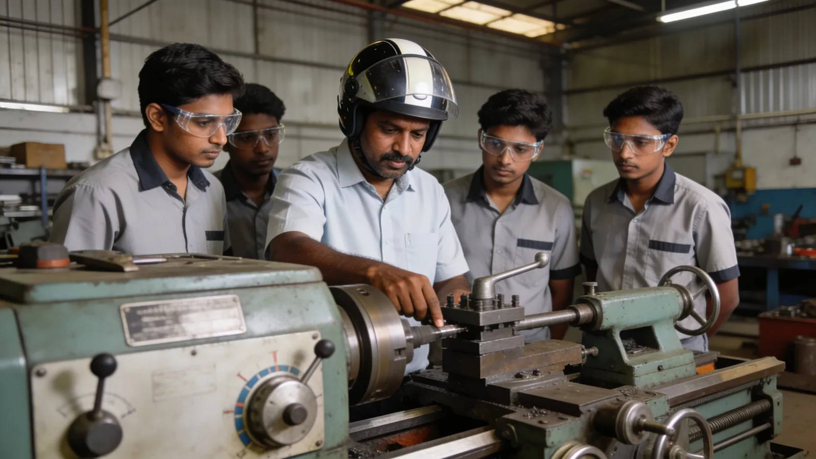Apprentices under instruction at a shop-floor training bay