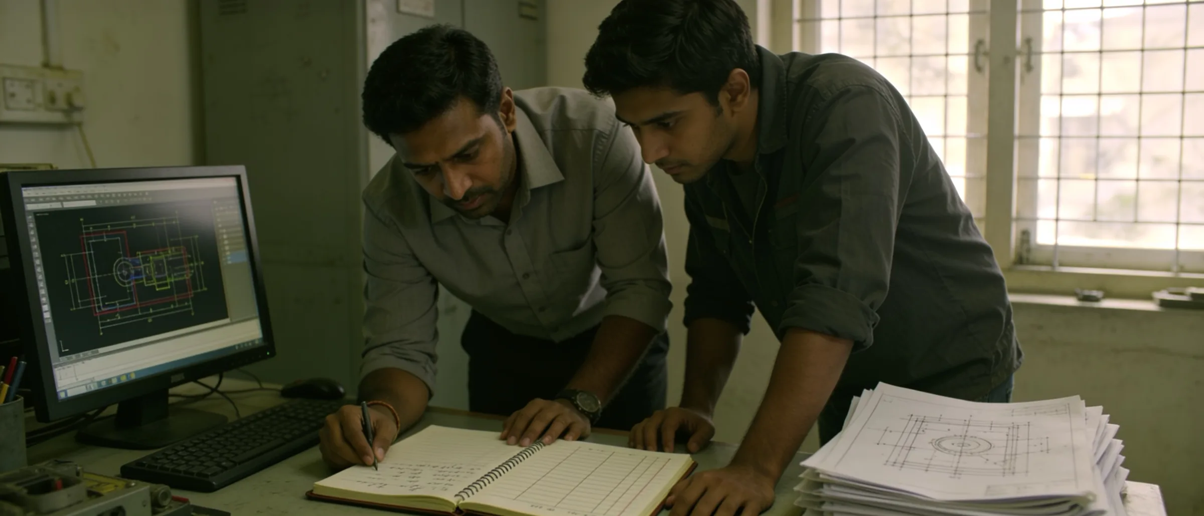 A mentor reviewing a graduate apprentice's rotation log book