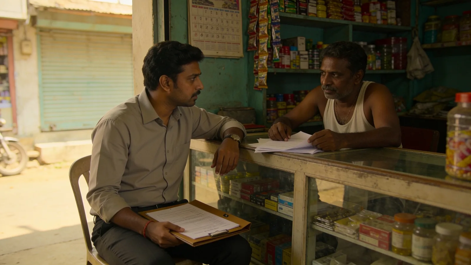 Field credit officer discussing paperwork with a shop owner at their counter