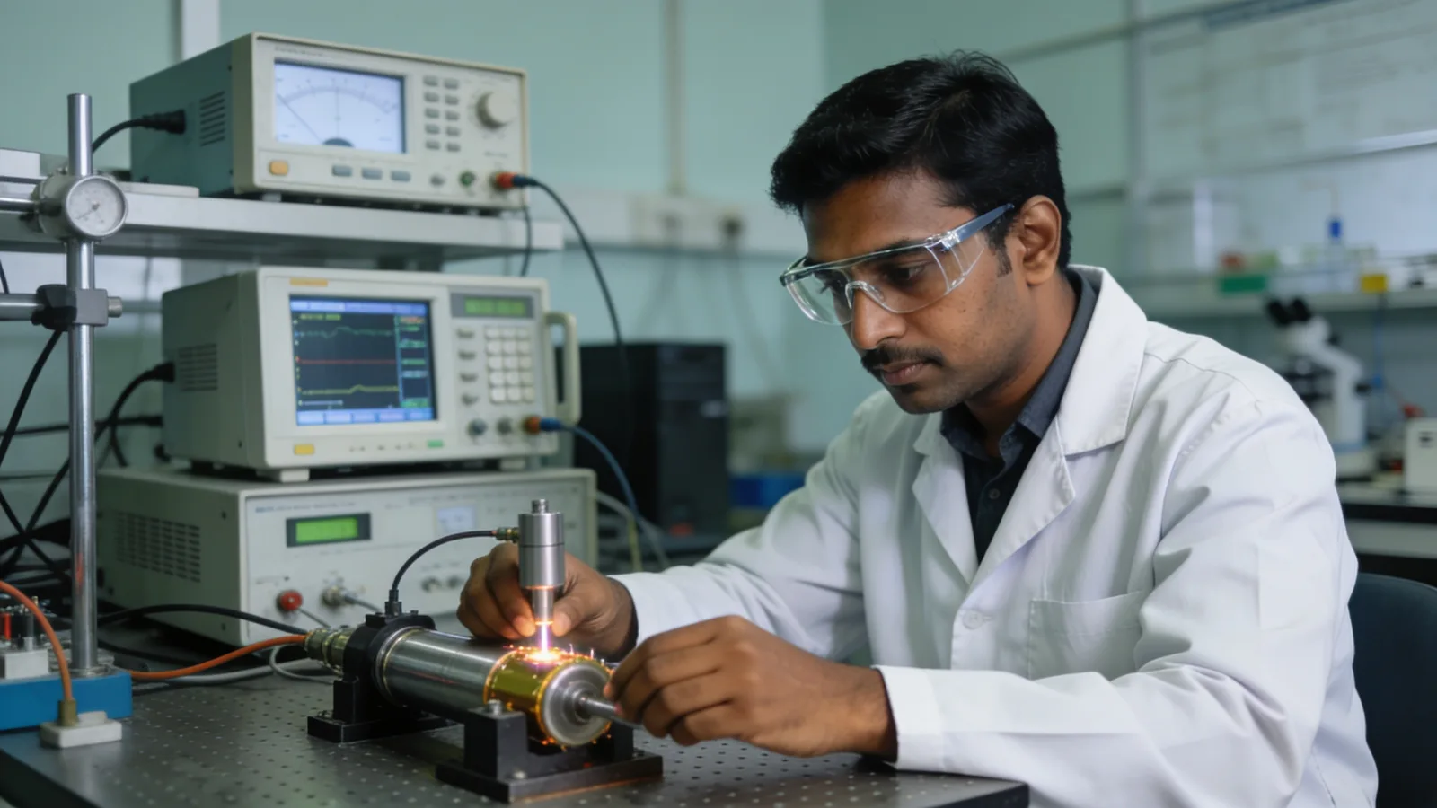 Specialist engineer working at an instrumented test bench