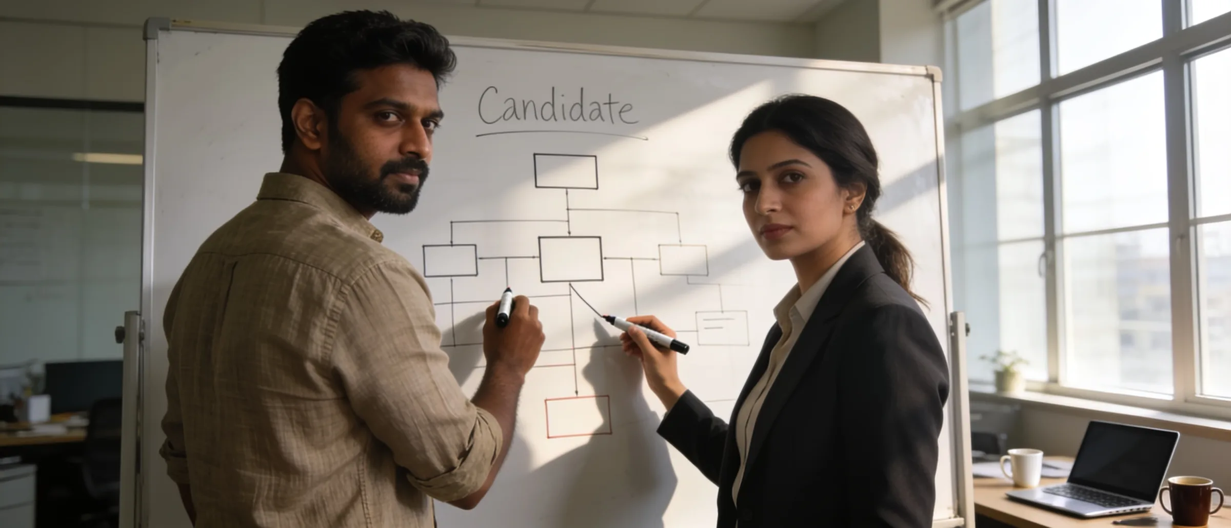Search lead and hiring manager marking a candidate map on a whiteboard