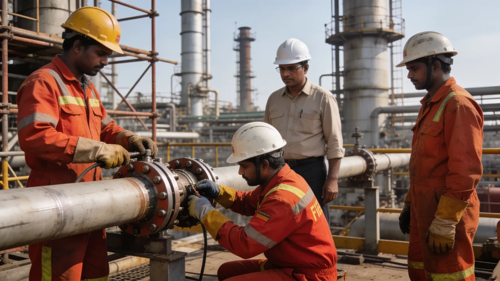 Refinery turnaround trades working on flanged pipework under supervision