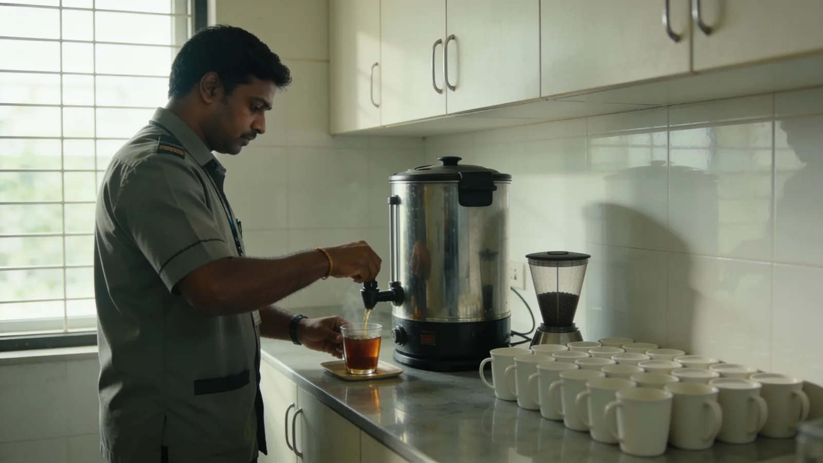 Pantry attendant preparing tea and coffee at an office counter