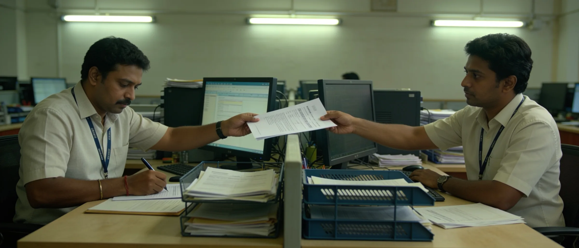 Maker and checker signing off a payroll variance report before bank release