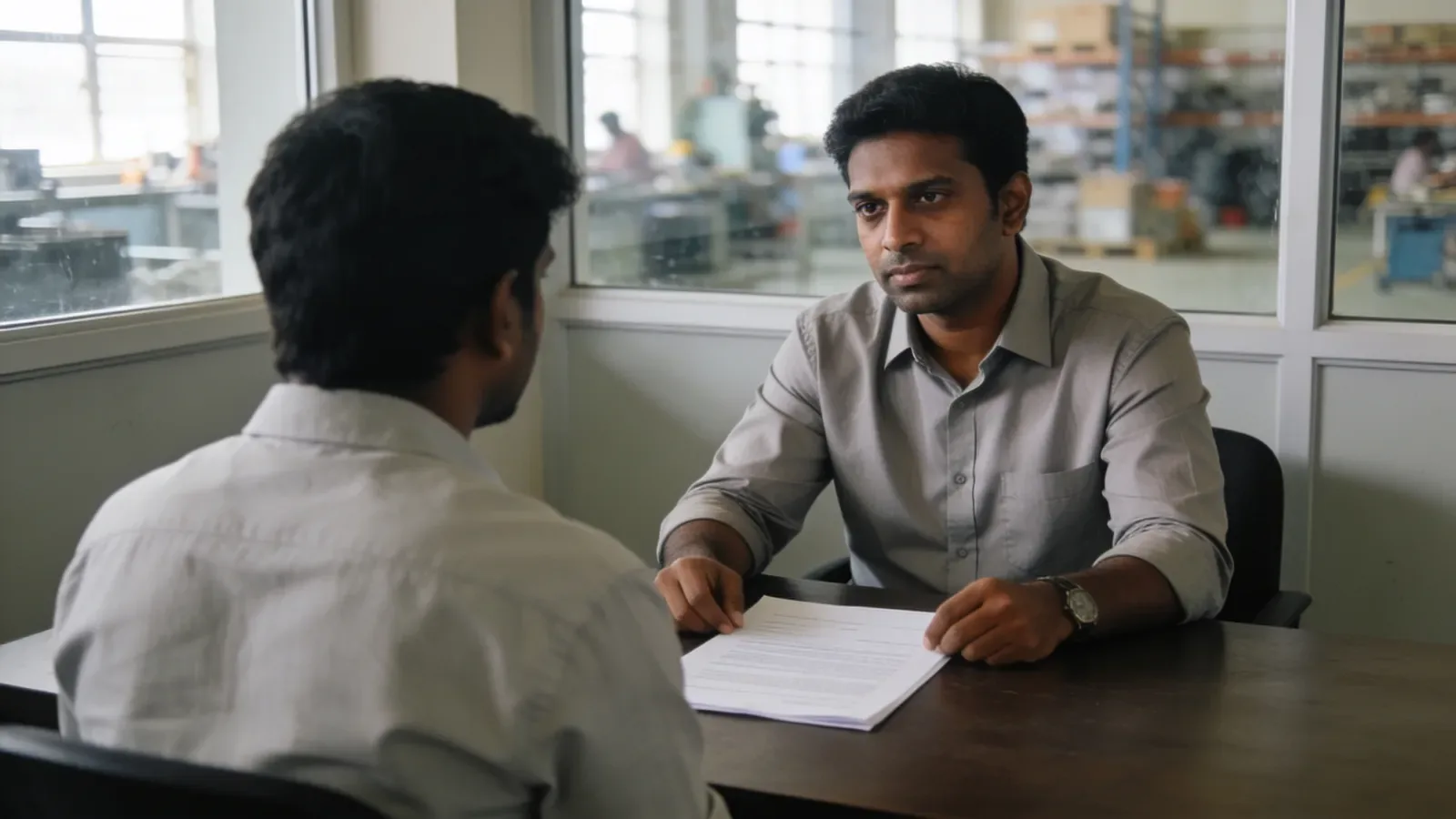 Hiring manager interviewing a candidate in a plant office