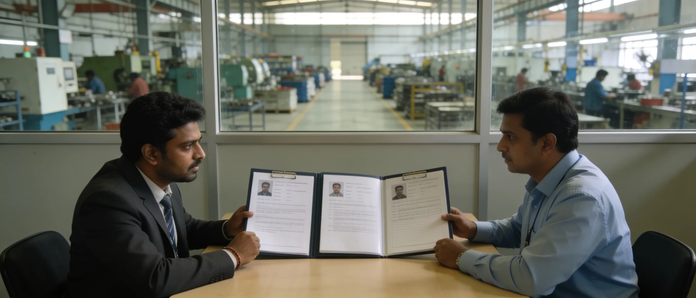 Recruiter and plant manager comparing shortlisted candidate files